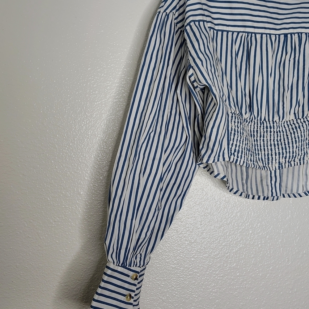 Free People X Revolve Blue and White Notched Collar Crop Shirt Sz S Cotton - Picture 14 of 14